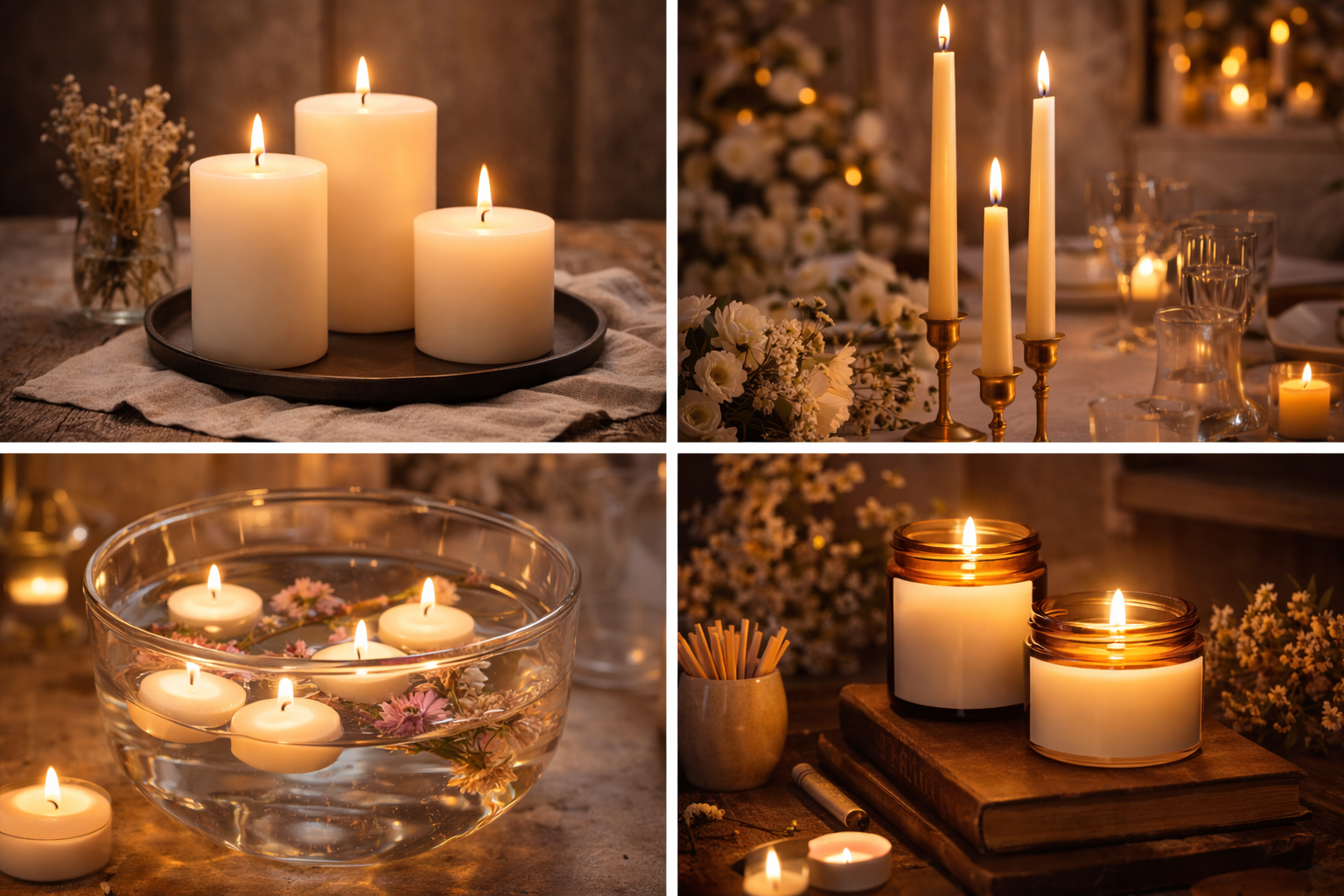 Kunstvolle Kerzenarrangements in warmem Licht